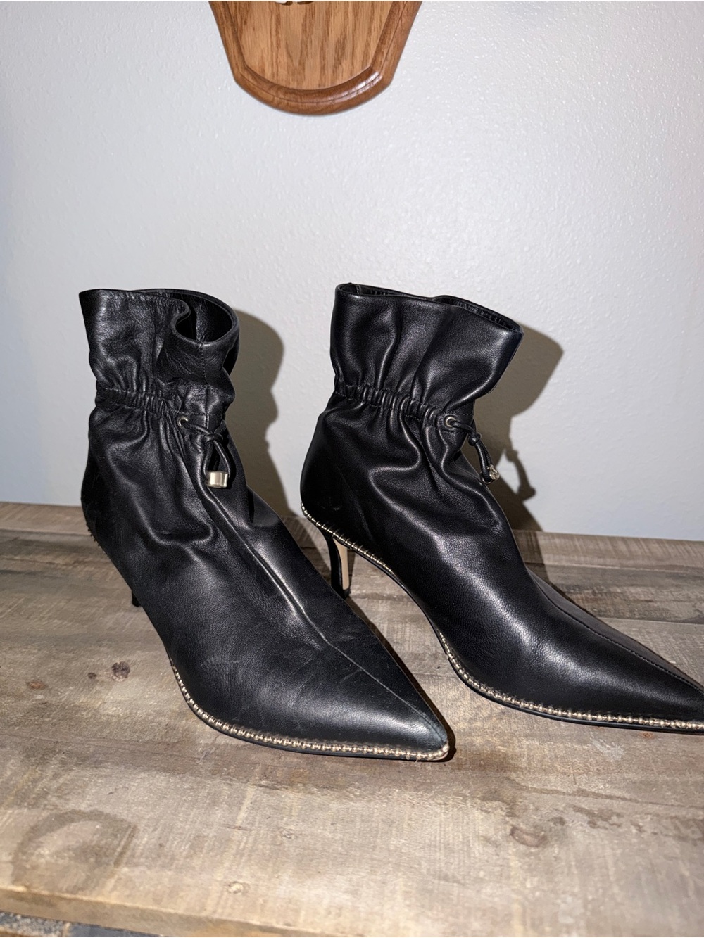Coach Black Pointed-Toe Drawstring Ankle Boots with Stud Trim